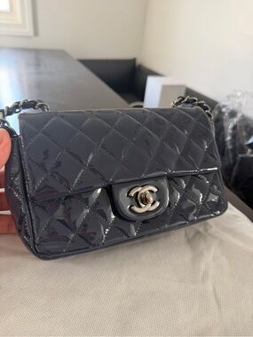 CHANEL Patent Quilted Mini Flap Bag in Charcoal Black